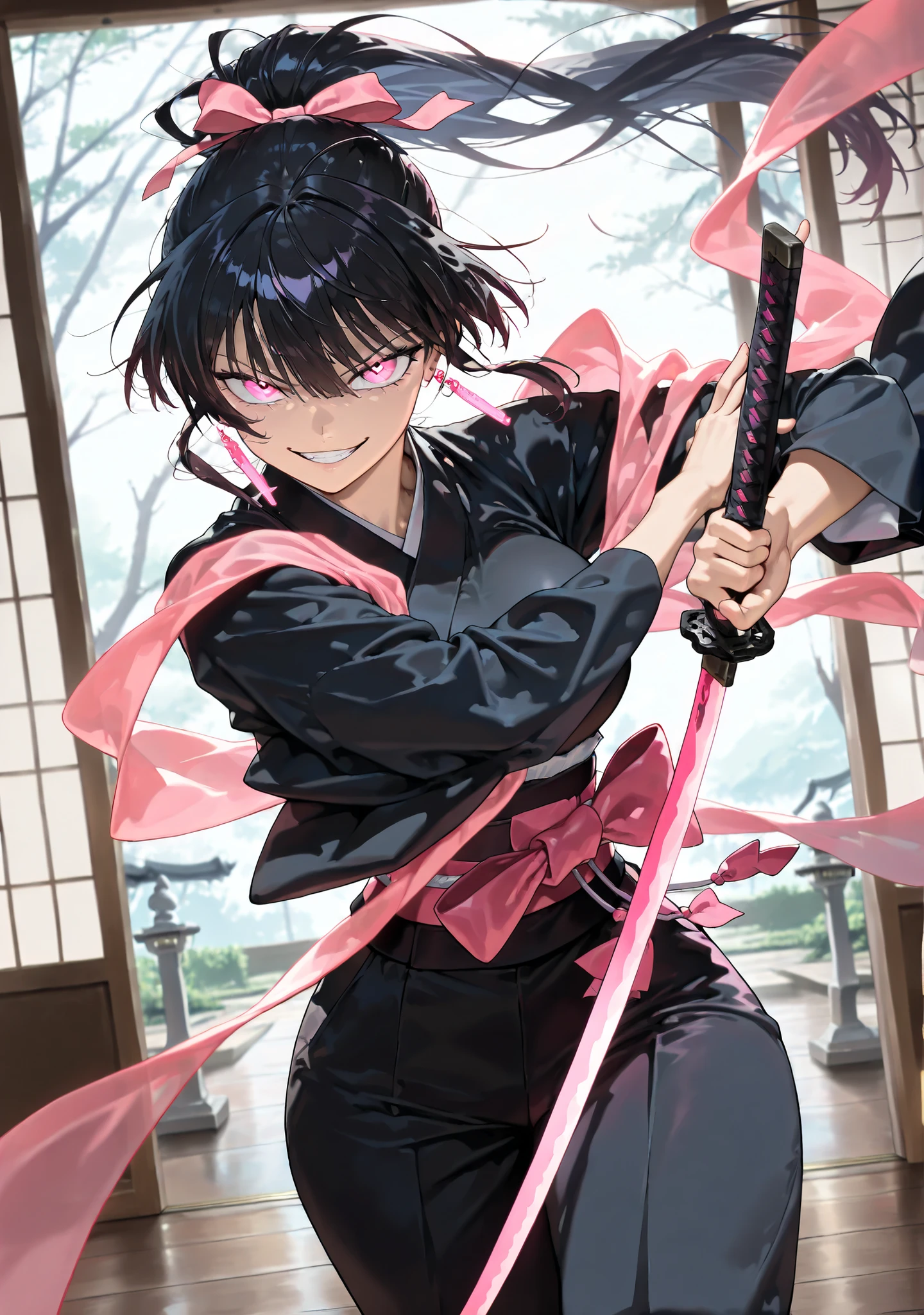 (anime coloring),(anime style),(masterpiece:1.2), (best quality:1.2), (very aesthetic:1.2), (absurdres:1.2), (detailed background:1.2),(newest),(highly detailed),(dynamic lighting), kagari hiyuki (kagurabachi),1girl, kagari hiyuki, black hair, long hair hair, ponytail, massive pink bow, pink earrings, solo, glowing pink eyes, detailed face and eyes, nice hands, nice fingers, evil grin, battle stance, combat, female focus, skinny waist, large breasts, wide hips, huge thighs, traditional japanese clothing, obi, shawl, indoors, shrine background, cinematic angle, cinematic pose, maximum facial details, maximum detailed textures, maximum detailed shadows, maximum detailed, glowneon, holding massive swords, dual weilding