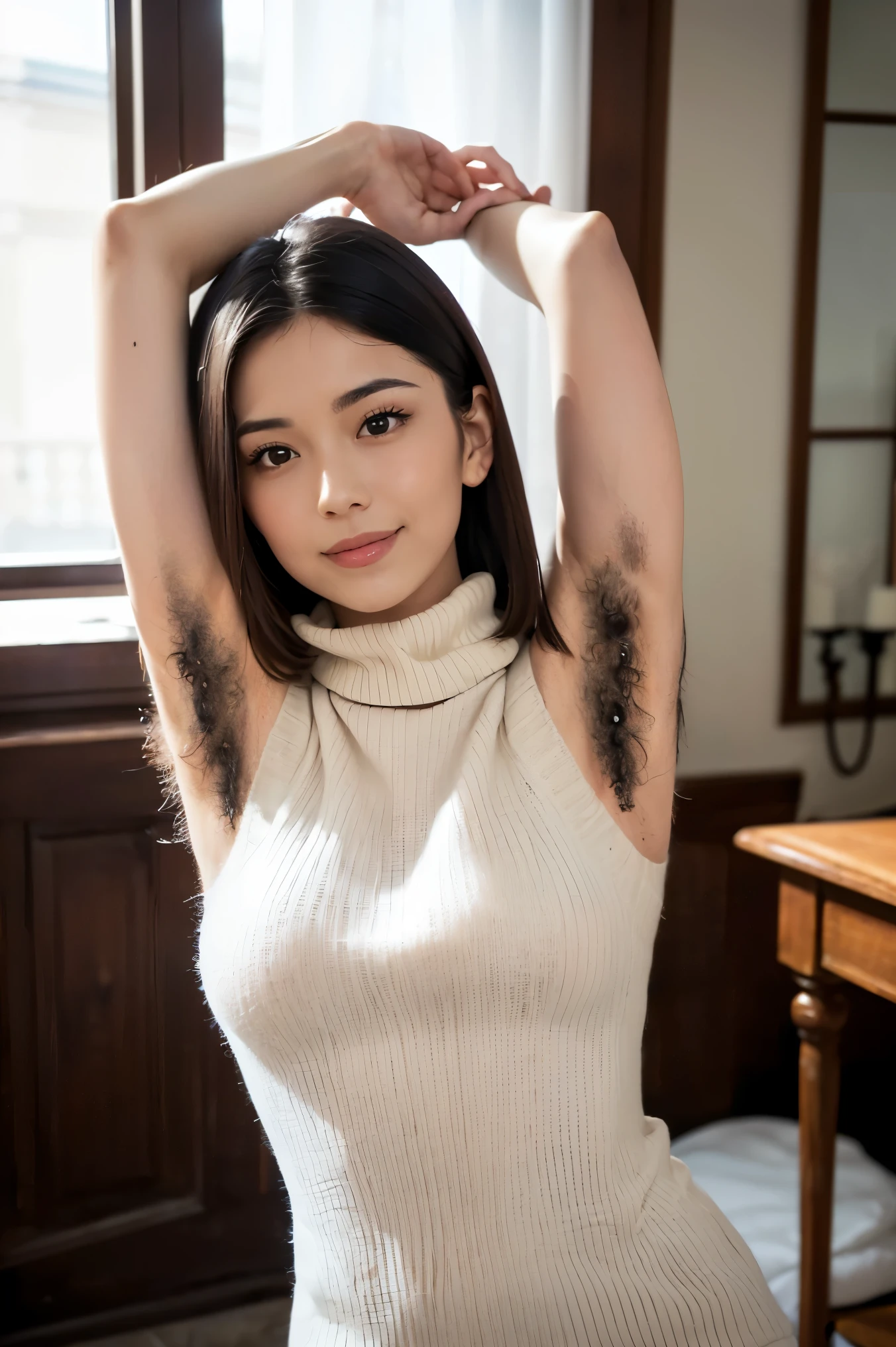 (highest quality、table top、8k、best image quality、Award-winning work)、one beautiful woman、25 years old、(Raise your arms and show me your armpits:1.1)、(A large amount of thick armpit hair grows:1.5)、(large amount of armpit hair:1.5)、black hair、(Ultra-high definition and perfect underarm depiction:1.1)、(Perfect and Precise Sleeveless Turtleneck Knit Sweater Dress:1.3)、perfect beautiful composition、(Huge breasts that are about to burst:1.1)、(Exactly:1.1)、(emphasize body line:1.1)、(short hair:1.1)、slender body、(photo on the chest:1.1)、(A gentle smile looking at me:1.1)、(Refreshing background of the window of an elegant mansion:1.1)、stand gracefully、natural makeup、Ultra high definition beauty face、ultra high definition hair、Super high-definition sparkling eyes、(Super high resolution glossy skin:1.1)、Super high resolution glossy lips、(Accurate ??????? with great attention to detail:1.1)、(very bright and vivid:1.1)、(Face covered with a large amount of semen:1.6)