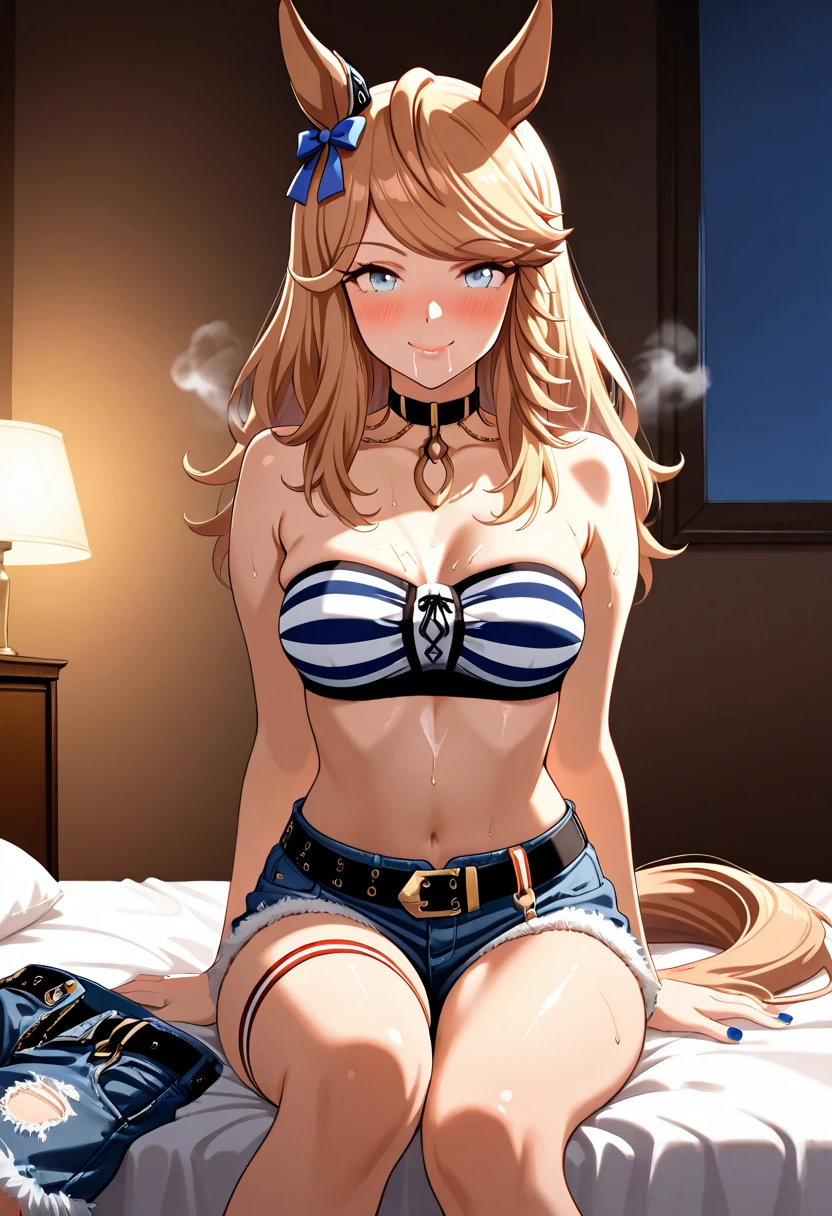 Masterpiece ,best quality , high resolution , (face view , look at view , head back , from back , from behind) , (1 girl solo:1.38) , (camie, long hair, brown hair, brown eyes, peaked cap , lipstick , eyeliner)) , (slim , tall , slender , thin) , (cleavage:1.05) , (big breast:1.06) , (wear bikini , denim_micro_short , fishnet stockinhs) , (indoor , windows , bedroom , night , lamp ) , (open mouth , smile , full face blush , shy ) , (standing , thighs ) , (cowboy_shot)