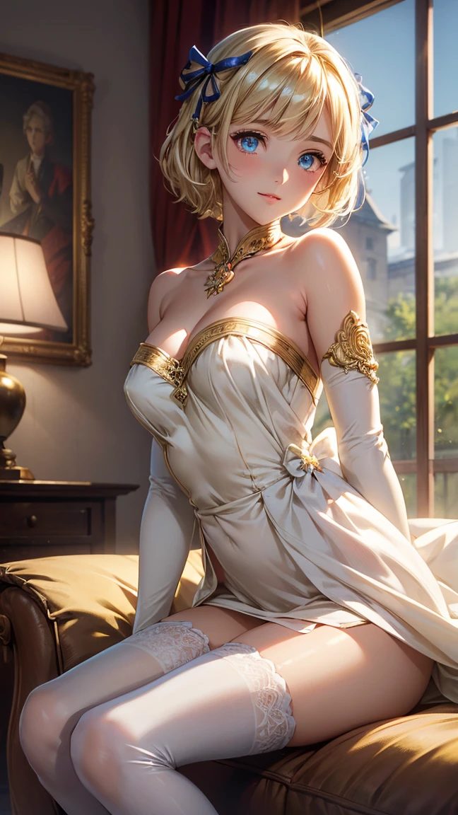 TIA, BLONDE HAIR, SHORT HAIR, YELLOW EYES, HAIR ORNAMENT, ENORMOUS HUGE BREASTS, HUGE HIPS, WHITE DRESS, CLEAVAGE, SLEEVELESS, RIBBON, GOLD TRIM, ARMLET, ELBOW GLOVES, 1girl, solo, facing viewer, looking at viewer, full body, smile.