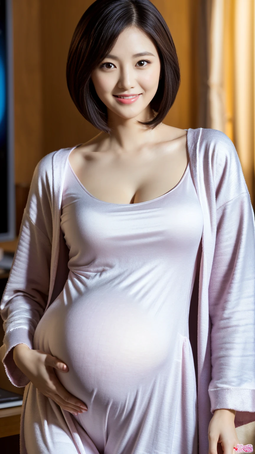 (ultra-realistic realism), (illustratio), (high resolution), (8K), (extremely detaile), (best illustration), (Beautiful and delicate eyes), (Best quality), (Super detailed), (tmasterpiece), (Wallpapers), (Detal Face), Tik, (dynamicposes), Full body image of a person with long hair and (red tank top), hinata hyuga, hinata hyuga from naruto, from naruto, as an anime character, perfect anime face, she has dark blue hair with tied up , female anime character, anime characters, best anime girls, style hime cut hair, dark blue hair, red lips,jewelry,earings,diamon necklace,navel pearcing,make up, light purple eyes, smile,huge bearsts,big Pregnant, (pretty face:1.3)with sarong), (without bra),use glasses