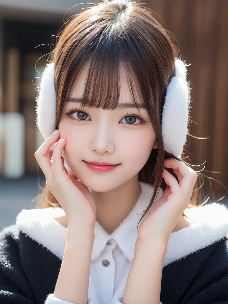 GIRL BLONDE CHILD with long hair wearing a white sweater and black ear warmers, sleepy, wearing cute black scarf, sick with a cold, cold, loli, a cold, cute bangs, with cute white skin, ears, sleepy face fashion model, sad, twintails white_gloves, cute skin, teen, freezing cold nights, cold winter, black ears