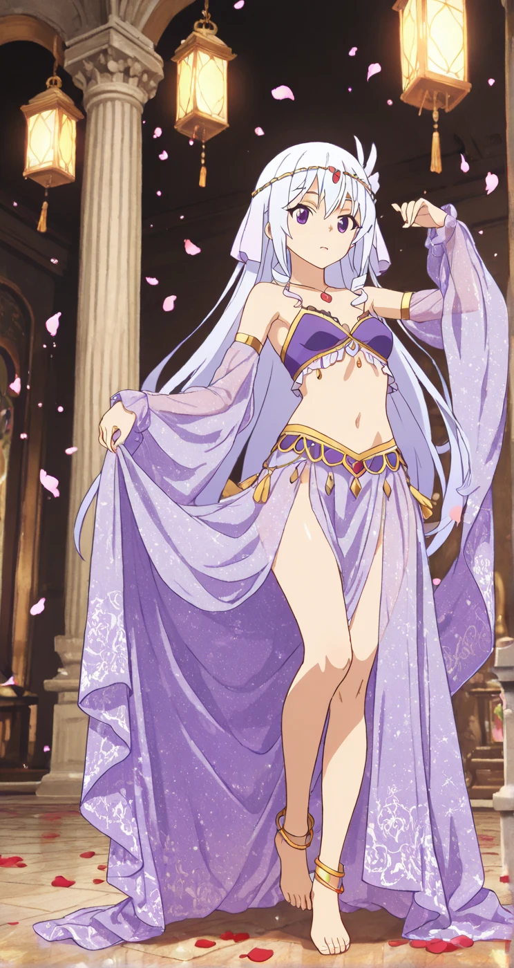 shikimori, medium breast, slim legs, , gown, navel, skirt, standing, beautiful eyes, blue eyes, nervous, arabian belly dancer