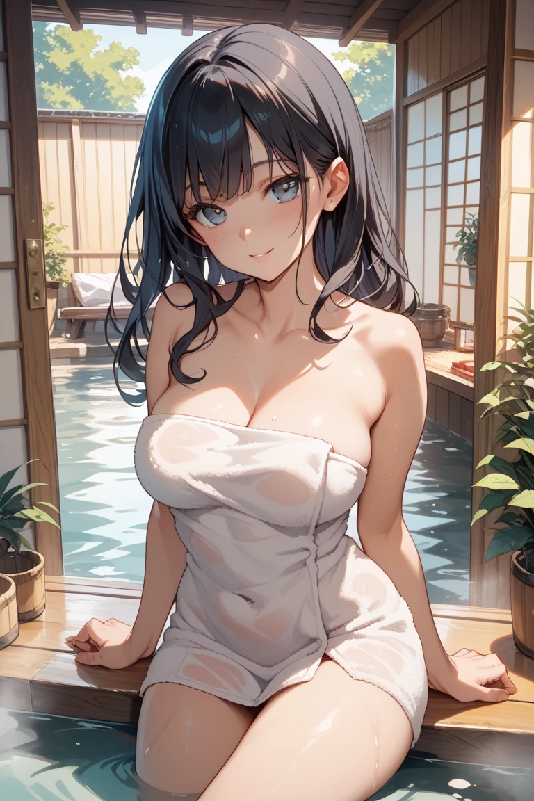 Hime cut with long black hair、Has straight bangs and blue eyes、A girl with big breasts is relaxing in a hot spring。She wrapped a bath towel around her、Immerse yourself in warm water up to your chest。The background features a traditional Japanese hot spring landscape.、Steam rises、Nature is all around。The girl has a calm and satisfied look.。