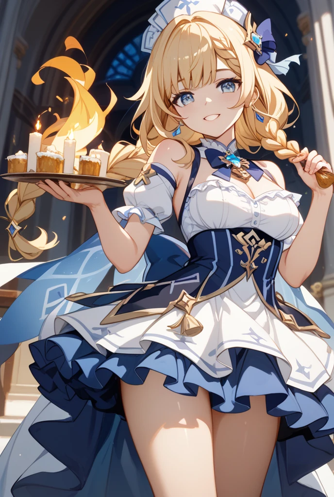 masterpiece, highest quality, Sophitia Alexandre,blonde,birthday,birthday cake,inside the house,(light blue sleeveless clotheini skirt,smile,