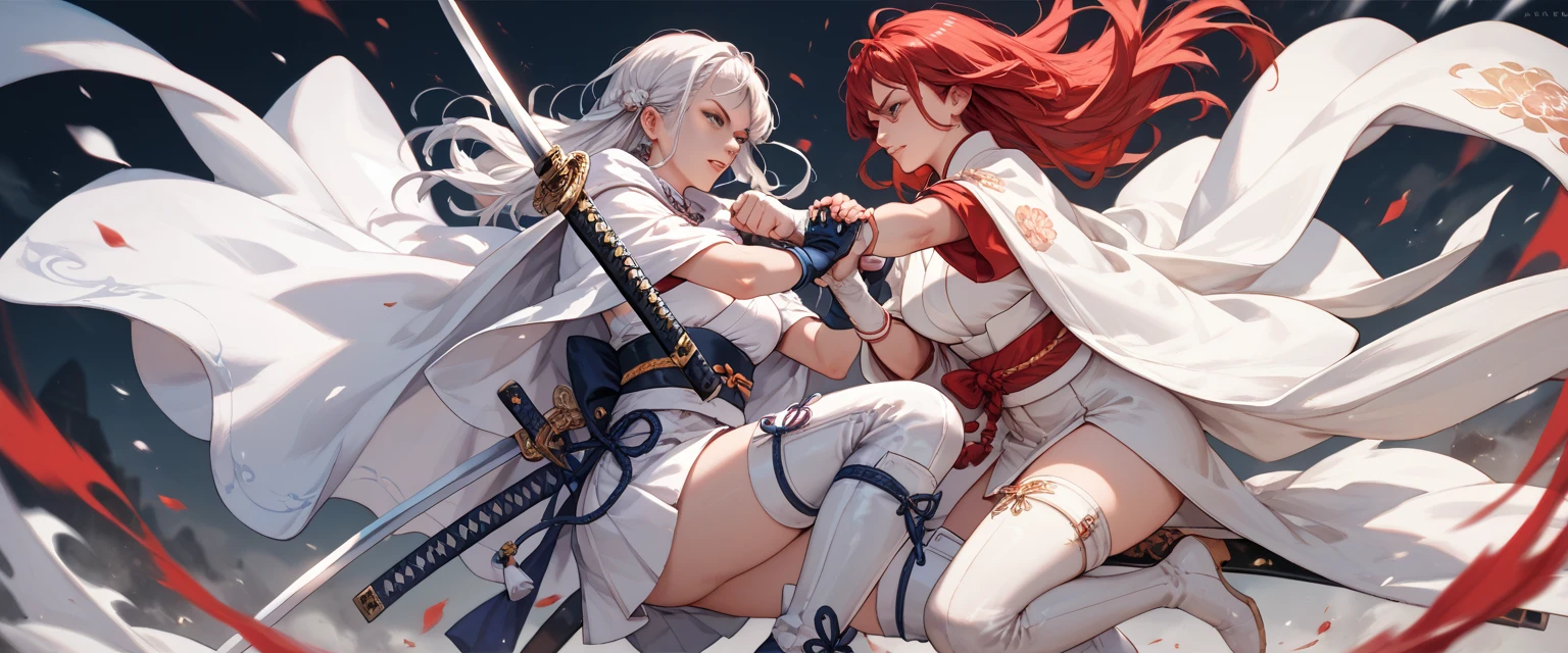 ((depic young girll)), (((top-quality, masterpiece))), 4k, HD, one girl, long hair, red hair, straight hair, ((poney tail)), nice hips, Masterpiece, Excellent, complex details, delicate girl, delicate face, sassy, confident, white ribbons, (((cute white lace lingerie))), (((sofisticate red lace lingerie))), brown eyes, clavicle, bare arms, bandage on arms, flat belly, (red kimono), standing, (((graceful fighting move))), ((holding katana sword in hand)), Japanese garden, atmosphere of feudal Japan