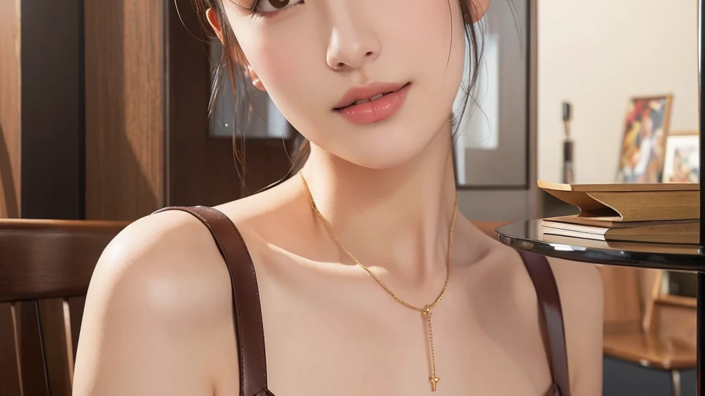 (Photorealistic, 32k, RAW photo, best quality:1.4), (masterpiece:1.3), (ultra high resolution, ultra realistic, highly detailed, golden ratio, ultra detailed), natural makeup, intricate cloth texture, finely detailed hair texture, beautiful full-body, perfect female form, anatomically accurate, highly detailed face and skin, (elegant hands), (realistic skin), (beautiful pale skin:1.1), (Oversized Breasts, generous cleavage:1.3), (extreme close-up:1.8), (Random color bra and panties:1.3), (Elegant pendants),
BREAK,
realistic eyes, captivating detailed eyes, symmetric eyes, light brown eyes, double eyelids, thin eyebrows, (glossy lips:1.4), (kissable expression, Shy Smile, blush:1.3),
BREAK,
((short bob cut, dark brown hair, bangs:1.2)), (Late Night, bedroom, :1.3), (Sitting on the bed:1.3)