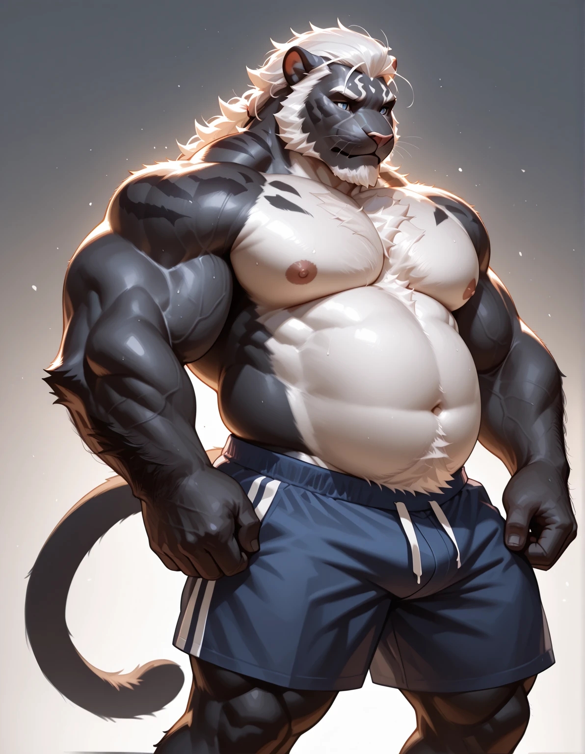 hyper growth, hyper muscles, furry growth, a cat, cute black cat, shirtless, wearing white shorts, muscular, on a gray background