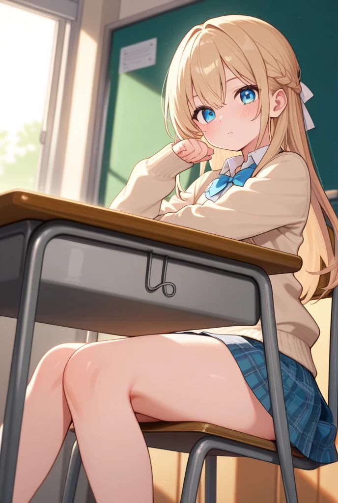 大根のように白く太い美しい脚をアピールする女子高生、High school girl showing off her beautiful legs that are white and thick like radishes while sitting on a chair、classroom、cute character design、