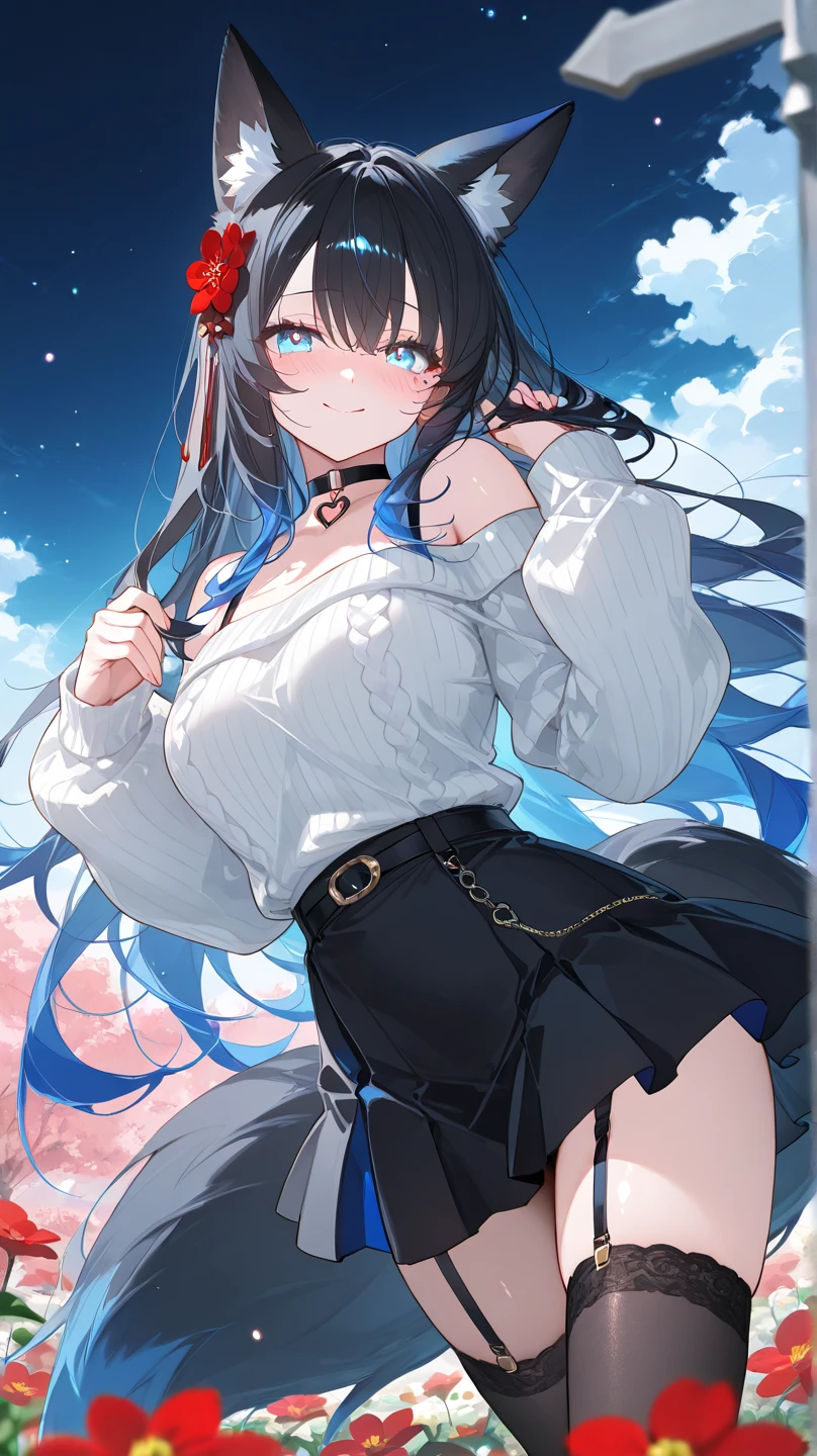Blue half-shoulder sweater,Fair skin and beautiful appearance,Black hair loli bun,Sweet peach face makeup,necklace