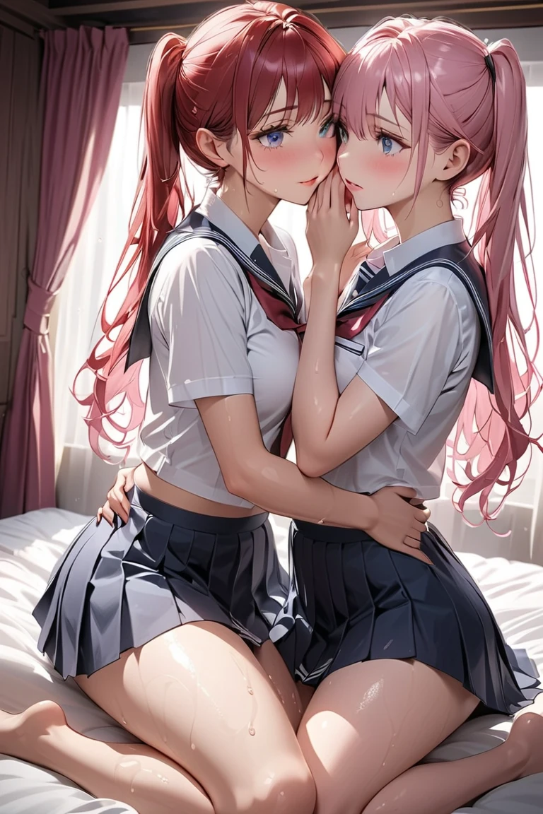 2girls, multiple girls, natural lighting, masterpiece, highly detailed, illustration, game CG, absurdres, high quality, hug, glossy lips, looking at viewer, cheerleader, midriff, sfw, but cheeks, blonde hair, g string, shorts skirt, holding  of each other,pink
Bra, cute ass, g string,