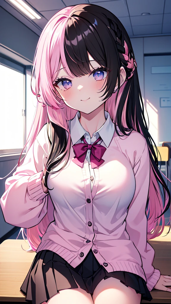 (8K、best image quality、highest quality、masterpiece)、detailed face、1 girl、gyaru、TachibanaHinano、long hair、((split color hair,black hair, pink hair:1.3))、light blue eyes、smile、big breasts、((white collared shirt))、((pink cardigan))、((black pleated skirt))、((miniskirt))、cowboy shot、sit at desk、Take from below、classroom background、((nsfw))