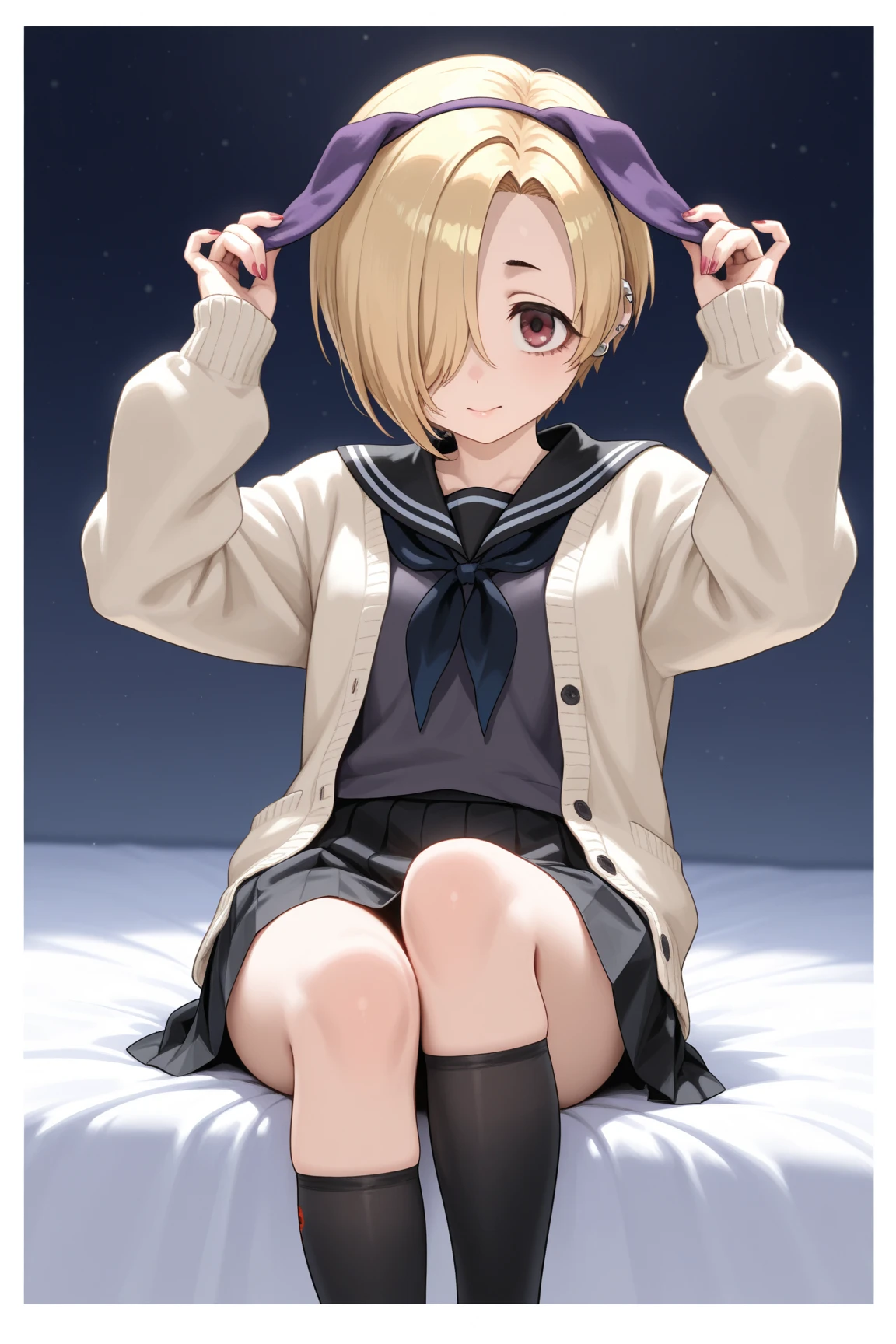 masterpiece, highest quality, 1 girl, smile, smug,The background is a graveyard at night、 black high leg swimsuitを着ている、Wearing a long-sleeved collared blouse、I can see my belly button, abdomen, small breasts, , , black high leg swimsuitを着ている, black stockings, gesture)), Face-to-face audience, looking at the viewer, (kbxll:0.7),black high leg swimsuit,mariel