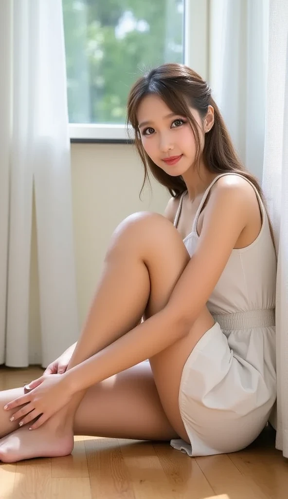 1 girl , realisticlying, best qualityer, Lie down in bed((Eye makeup))((((short skirt)))),((sandals))(((Low-cut clothing)))((pantiess))(((Happy expression: 1.8)),full bodyesbian, (Larger chest), Twinkle, (20yr old), ((Slimmer figure: 1.5)), (((tee shirt: 1.5)))), ((Nice hairstyle: 1.5)))), (((opening legs: 1.8)),((((ankle)))),((((Toes))))