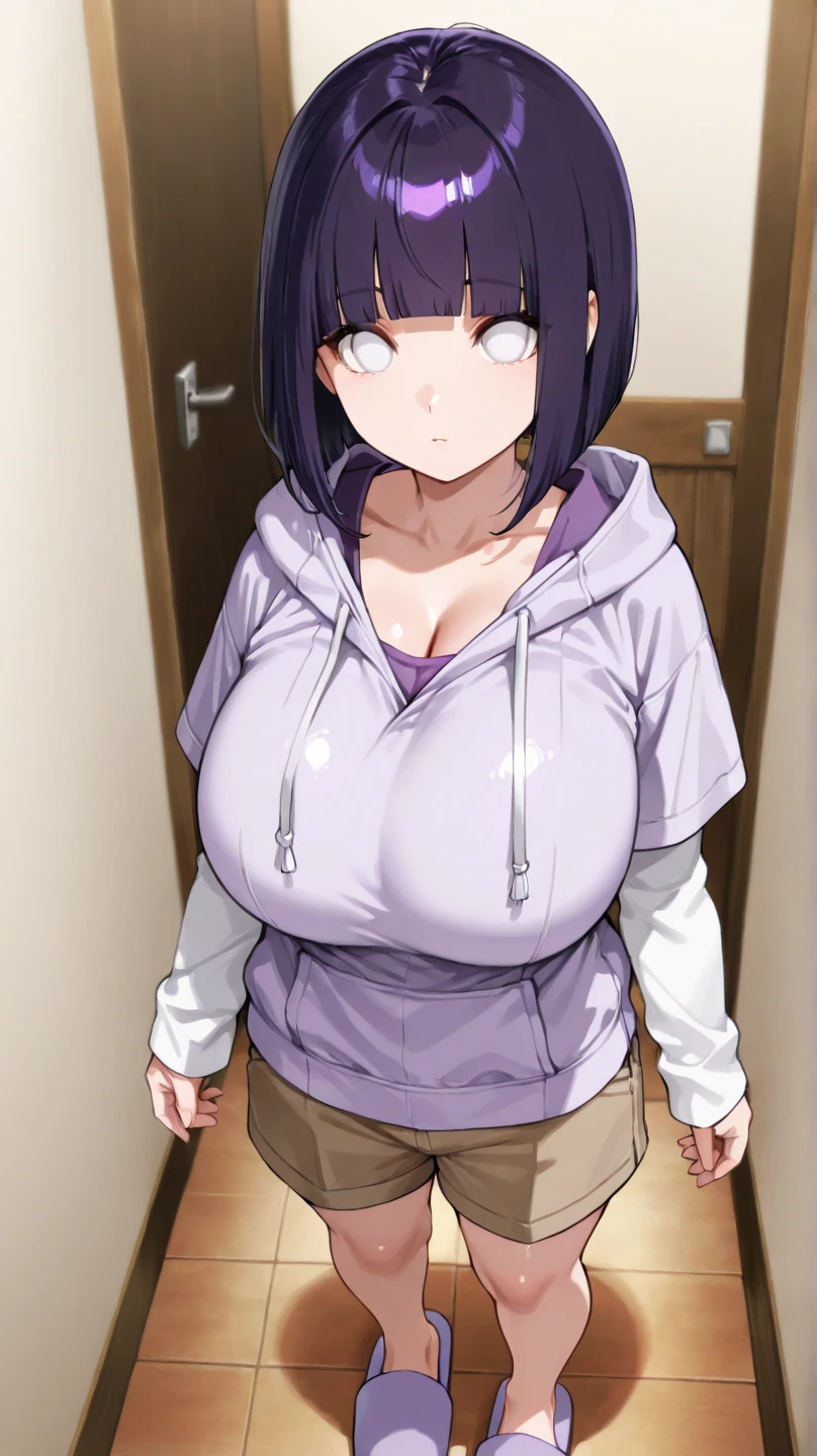 (Huge tits), masterpiece, absurdres , (intricate details), (colorful),cinematic lighting,extremely detailed CG unity 8k wallpaper ,hinata\(boruto\), 1girl, solo, purple hoodie ,brown pants,  from behind,layered sleeves, cowboy shot,  looking back, looking at viewer,smile, outdoors, lavender flower field,flower, day, cloudy sky, wind, floating hair, falling petals