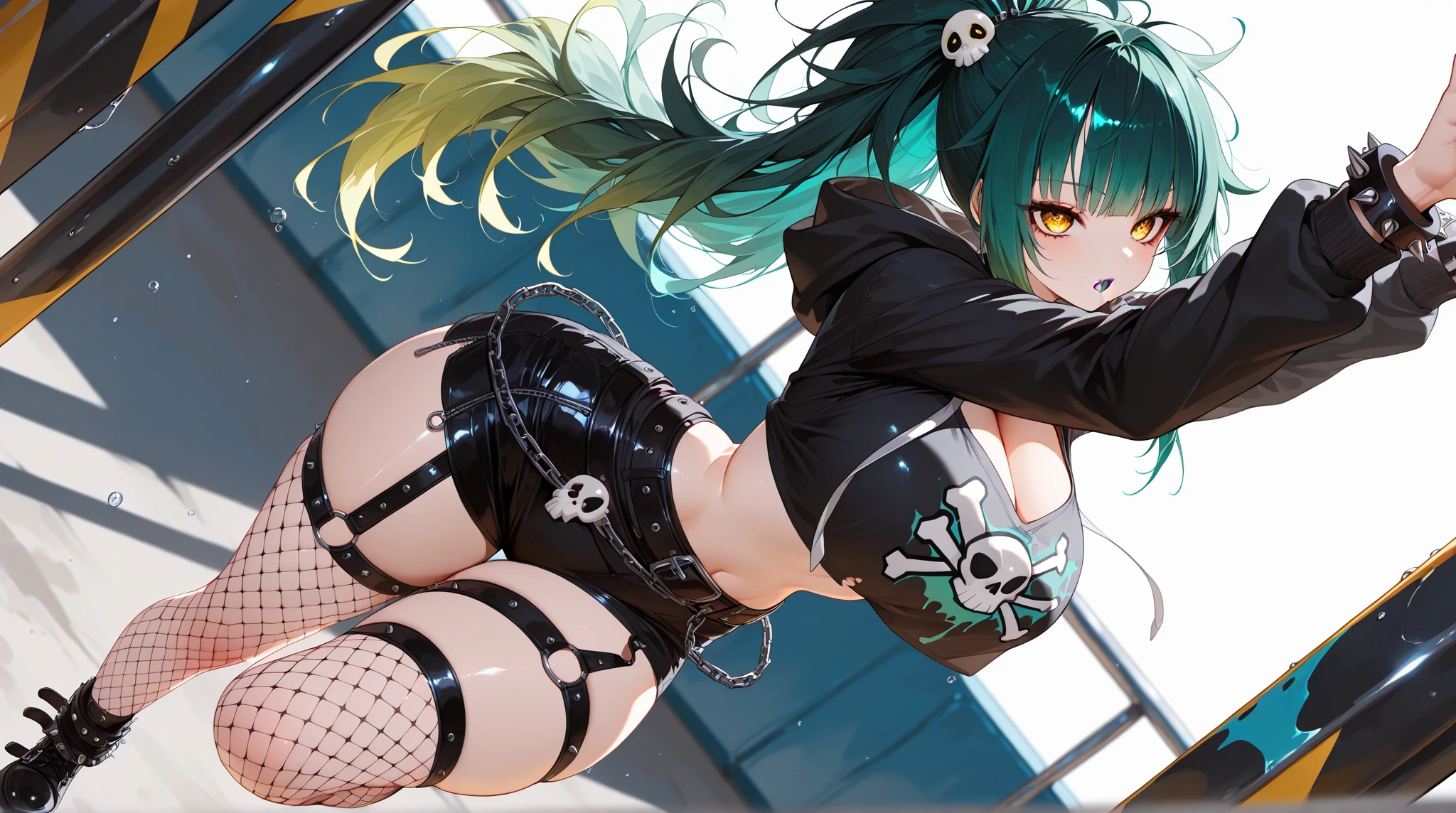 a very beautiful and very thin girl, wears black underwear with tights and latex face mask. Slime Girl who wants your body