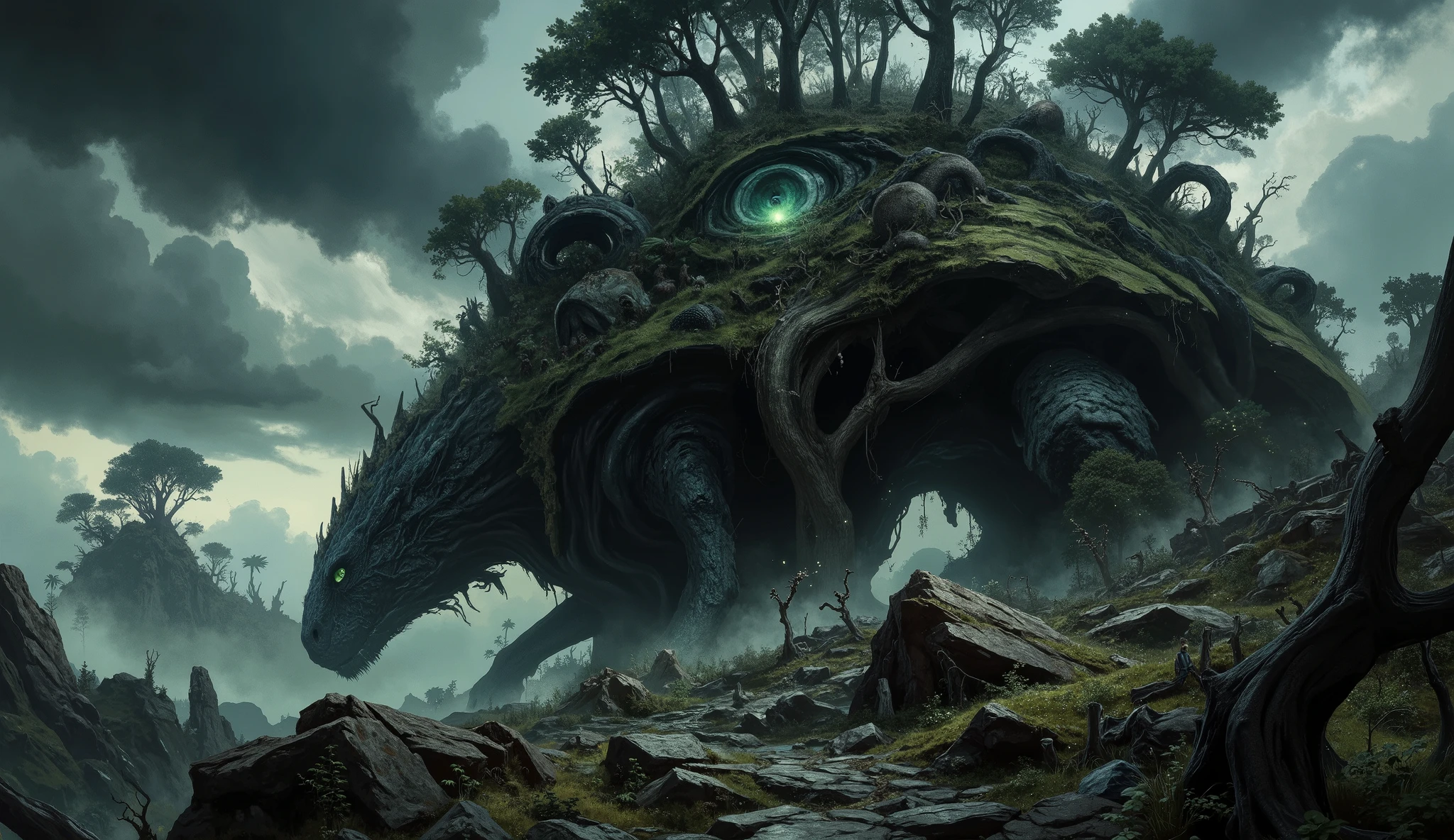 C0lorful4rt,A high fantasy concept art illustration of a dark, mysterious forest growing on the back of a colossal, earth-crawling dragon. The sky is heavy with dense, overcast clouds, casting a gloomy, dramatic light. The forest is teeming with grotesque, misshapen trees and a myriad of strange, small, bioluminescent creatures. The ground itself is the dragon's back, a landscape of craggy, rock-like scales. Below the forest, a portion of the titanic dragon is revealed, its mountain-sized limb supporting its immense weight as it plods forward slowly. A single, colossal eye glows with a faint, eerie green light from the shadows. The composition is focused on the forest as the primary subject, with the dragon's presence hinted at on a massive scale. Epic, moody atmosphere, cinematic lighting, intricate detail, digital painting, style reminiscent of a collaboration between Zdzisław Beksiński and Studio Ghibli