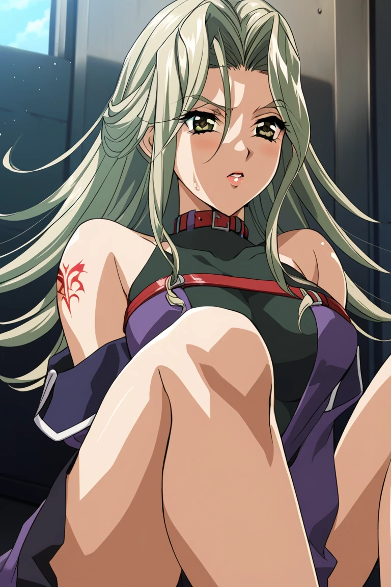 (2000's anime, retro art style, cel anime, clean brush stroke, masterpiece, best quality, highly detailed, perfect anatomy), Interior of abandoned concrete building background, 1girl (solo:1.5), Code Geass, C.C, eyebrows visible through hair, light green color very long hair, yellow eyes, half opened eyes (beautiful detailed eyes:1.2), look at viewer (caring look:1.5) (shed tears:1.5), open mouth (sticking out tongue:1.0) (mouth drool:1.0), dutch angle, blush, full body, full nudity (completely nude:1.5), skinny arms, gigantic breasts (alternate breast size:1.5), long pointed breasts (natural saggy tits:1.5), wide areolae (ebony color areolae:1.5), puffy areola (nipple buried in areola:0.0), navel, narrow waist, small ass, pussy (female pubic hair:0.0), narrow thighs, skinny legs, squatting (spread legs:1.2), clitoris, urination, kneepits, tiptoes, no shoes, bdsm, bondage, bound arms, bound legs, breast bondage, red rope, shibari,