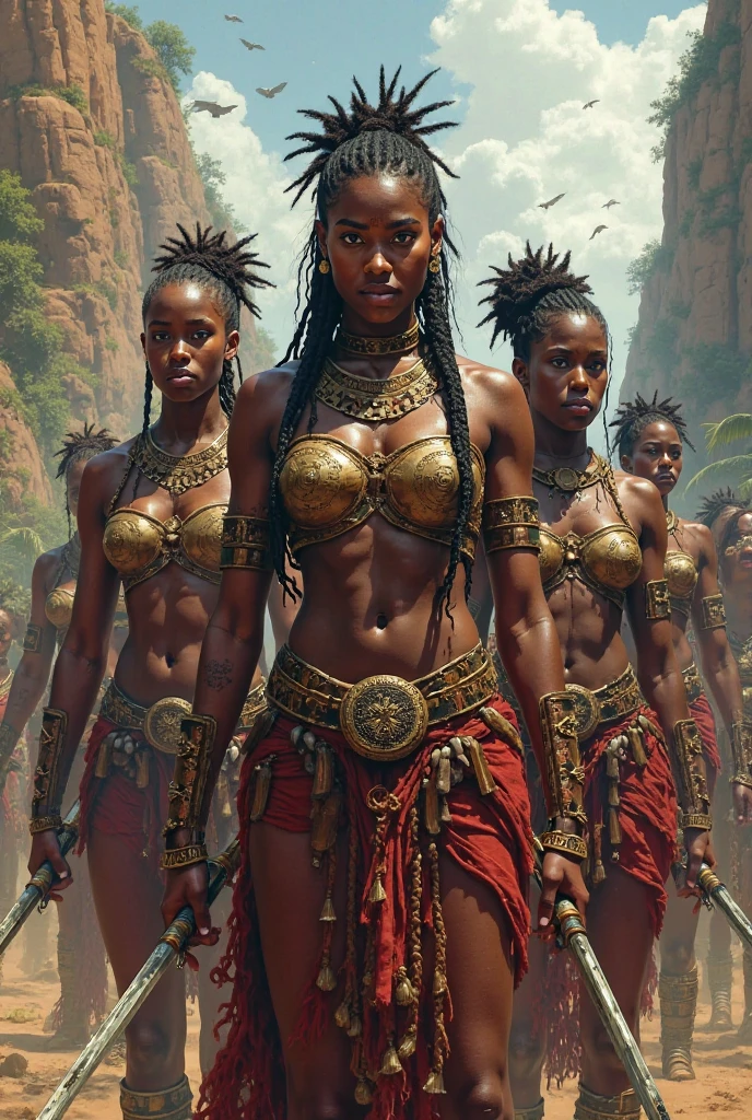 Black women, African warrior tribal clothing, Muscular female body, Big Tits, In a desert, dreadlocks, White hair, Amazon, armor, tribal tattoos