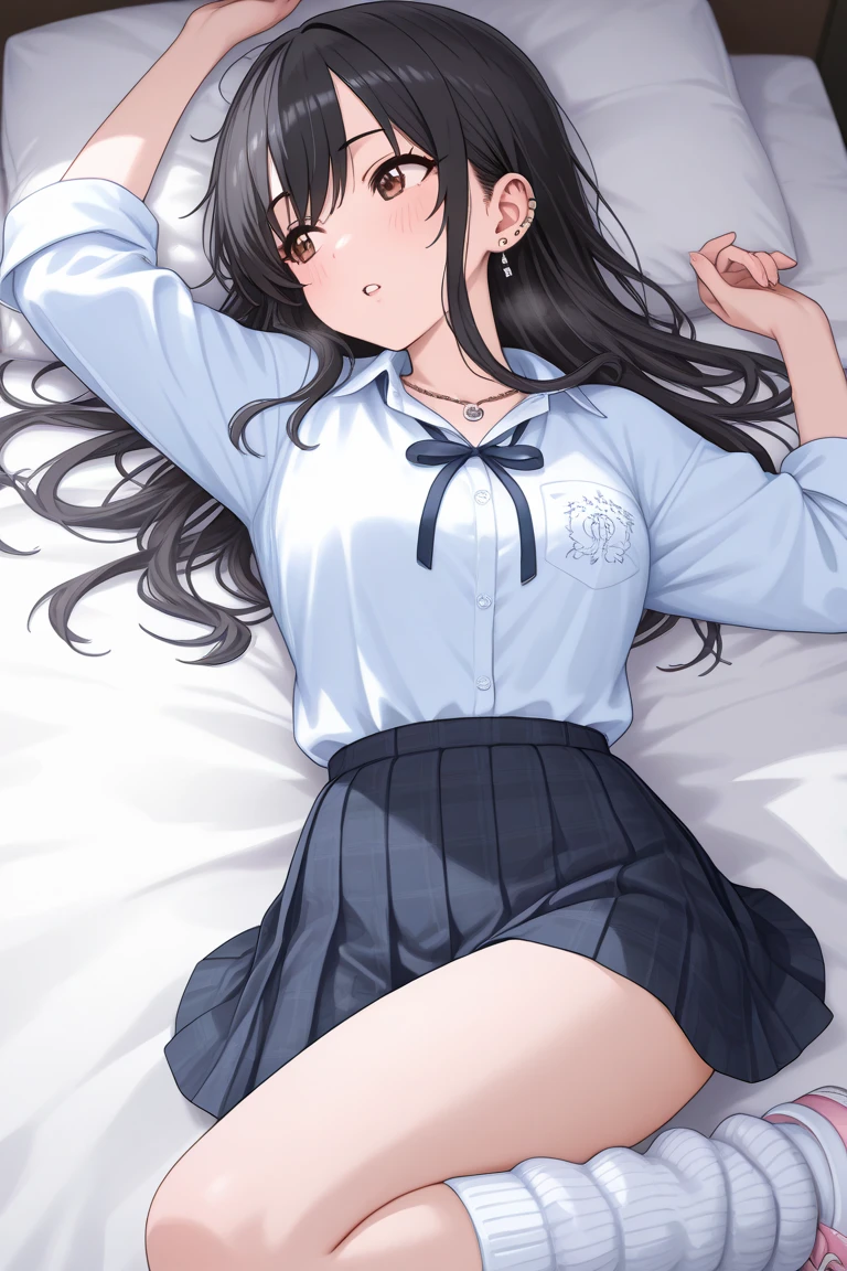 (masterpiece, Highest quality:1.5), (Super detailed, High resolution, 8K, Beautiful details, 超High resolution, Best Anatomy), Black Hair, Small breasts, 1 female junior high school student, barefoot, Bedroom, night, flare skirt, Short sleeve shirt, Red thin tie, close your eyes, Put your head on the pillow, Lying in bed, Side angle