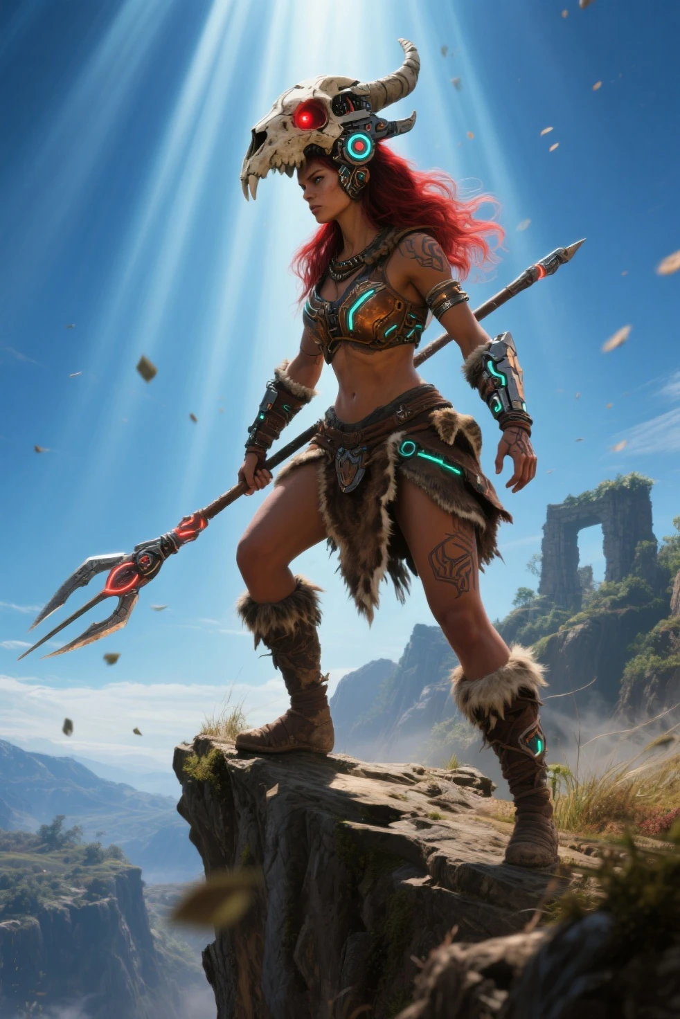 In a rugged and untamed wilderness, a fierce female barbarian stands tall, her eyes burning with determination. Clad in furs and leather, her muscular physique is a testament to a life of survival and combat. Her long hair whips in the wind, and she holds a mighty axe, etched with ancient runes. Behind her, the sun sets over a wild landscape, casting long shadows and illuminating her in a fiery glow. This warrior woman exudes power and grace, embodying the spirit of freedom and defiance. She looks off into the distance, as if contemplating her next adventure or battle, a symbol of resilience in a harsh world, 
break
Beautiful female barbarian, <lora:RPGBarbariansXL:0.7>, solo, (perfect anatomy:2), Muscular physique, Sculpted physique, Strength and power, Fierce female, Rugged wilderness, Fur and leather attire, Long flowing hair, Mighty axe with ancient runes, Sunset over wild landscape, Fiery glow and long shadows, Spirit of freedom and defiance, Resilience and survival, Contemplating next adventure, Harsh world warrior, extremely delicate and beautiful Bohemian girl, solo, perfect eyes, intricately detailed beautiful Iridescent eyes, looking at viewer, intricately detailed skin, (Luminescent rays:1.2), Indomitable spirit, Fearless determination, Resilient warrior, Unyielding courage, Fierce resolve, Steadfast defiance, Bold defiance, Tenacious fighter, Empowered bravery, Warrior spirit, middle earth, Wizard Focusing their mind to cast a powerful spell, Siren, Tall, Firm, Oval Face, Dark Skin, Chestnut Hair, amber Eyes, [[Curved Nose]], Full Lips, Prominent Chin, Shoulder-Length Hair, Fine Hair, Blunt Bangs, firm breasts, Cuff earrings, magenta cream lipstick, A lush elven forest, filled with towering trees and sparkling streams, Tolkien,
break
abs, arm tattoo, armor, arms at sides, artist name, back tattoo, bare shoulders, beads, beard, belt, blue sky, bodypaint, bra, bracelet, braid, choker, cleavage, covered nipples, crop top, dark skin, denim, desert, dreadlocks, ear piercing, earrings, facepaint, facial hair, facial mark, facial tattoo, fingerless gloves, flat chest, from side, full-body tattoo, fur trim, gloves, hair over one eye, headband, holding, holding sword, holding weapon, injury, jewelry, katana, knife, looking at viewer, makeup, manly, mask,  midriff, mole, muscular, mustache, navel, neck tattoo, necklace, nose piercing, open clothes, outdoors, pants, pauldrons, piercing, polearm, ring, sand, scar, shoulder armor, shoulder tattoo, signature, skirt, spear, strapless, strapless bra, suspenders, sword, tank top, tribal, tube top, twin braids, underwear, weapon, wet, Fairy Godmother's Enchanted Chateau, Brick,Exposed Aggregate Concrete, Bioluminescent Phytoplankton, Deck and Step Lights, [(details:1.2): [ (many small details:1.3) : [ (many ultrasmall details: 1.2):(very detailed ultrasmall edges and microrelief:1.5):0.7 ]: 0.4 ] :0.2], 
break
(close up:4), Close-Up,  artistic atmosphere, LUT-adjusted vintage cinematic colors and textures, highlighted features, cinematic mood, Enchanted, film grain, lifelike, ac_neg2
break
(best quality, masterpiece), (dark shot, best shadow:1.3), highres, raw photo, (photorealistic:1.4), ultra high res, professional, unity 8k wallpaper, absurdres, ultra detailed, extremely detailed, intricately detailed, HDR, UHD, 64K,
