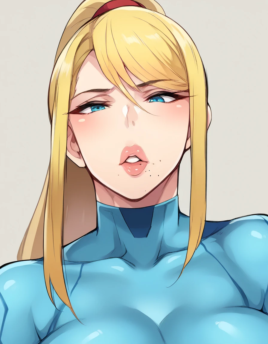 1girl, 1monster, Samus Aran, zero suit, large breasts, eyes blue (detailed:1.0), intense pleasure, realistic, curly hair, blondie, thin, source_anime, ponytail, cute, space ship, outrage on face, space ship, side view, precum, huper crooked cock, hyper cock, venus, blush, blowjob, hyper balls, cum on face, athletic body, mascara under the eyes, acne on cock, pimples cock, breast grab