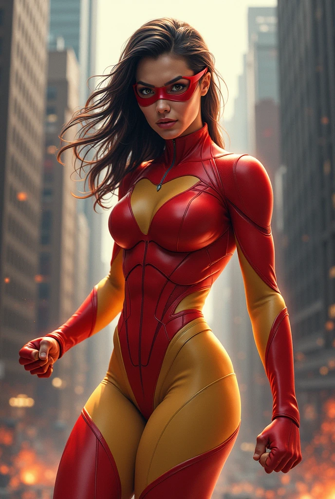 Obra maestra, La mejor calidad:1.2), ((muscular:1.5)) ((hembra:1.5)),tetona,curva, ((girlish)), sexy, Grande_Tetas,(Pintura digital: 1.4), Una hermosa mujer con un disfraz de Spiderman, Frente al espectador, De pie en un edificio, Antecedentes urbanos, La mejor obra maestra, Muy alto detalle, realista, 8k,