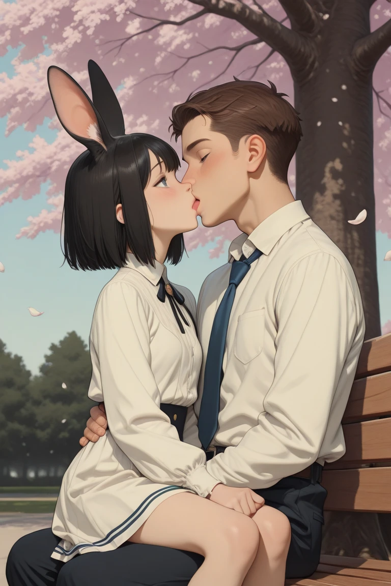1boy, 1girl, shota, kissing cheek, playboy bunny, stockings, puckered lips, lips, closed mouth, closed eyes, masterpiece, best quality, absurdres, girl kissing boy on cheek, dynamic lighting, lighting effect