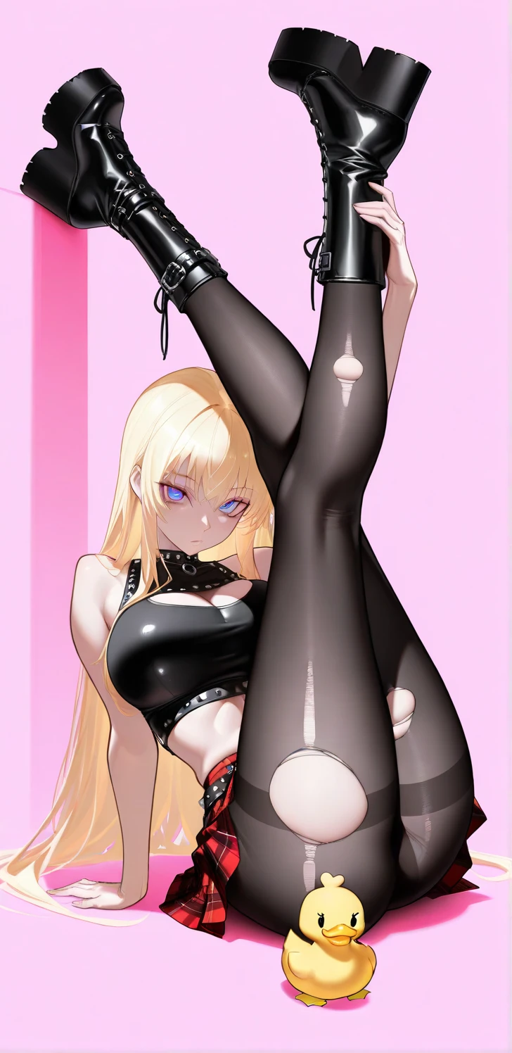 black pencil skirt, black long sleeve top, only the navel,Put your hands behind your back,restraints, blonde hair, Very long hair, straight hair, Cute, slender body, thin legs, Black thigh high stockings, Nylon stockings, hands in black leather handcuffs, hands, connected in a chain, amrs togather, masochistic, whole body, on the knees, leather handcuffs, tattoo on the legs, large collar around the neck, 18 years, long eyelashes, mascara, cute face, bent over, top down bottom up, arms behind back, kneeling, submissive look, ankle shackles, legs cuffed together
