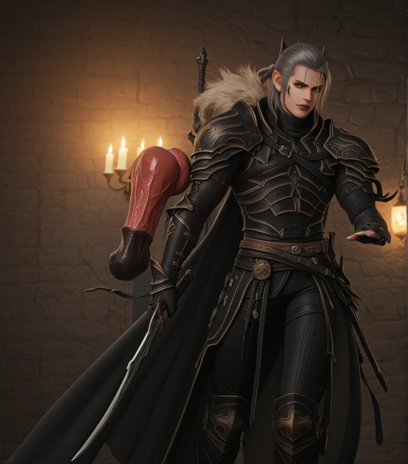 Boy, brown skin, holding a demon helmet, pointy ears,4k, yellow eyes, black armor