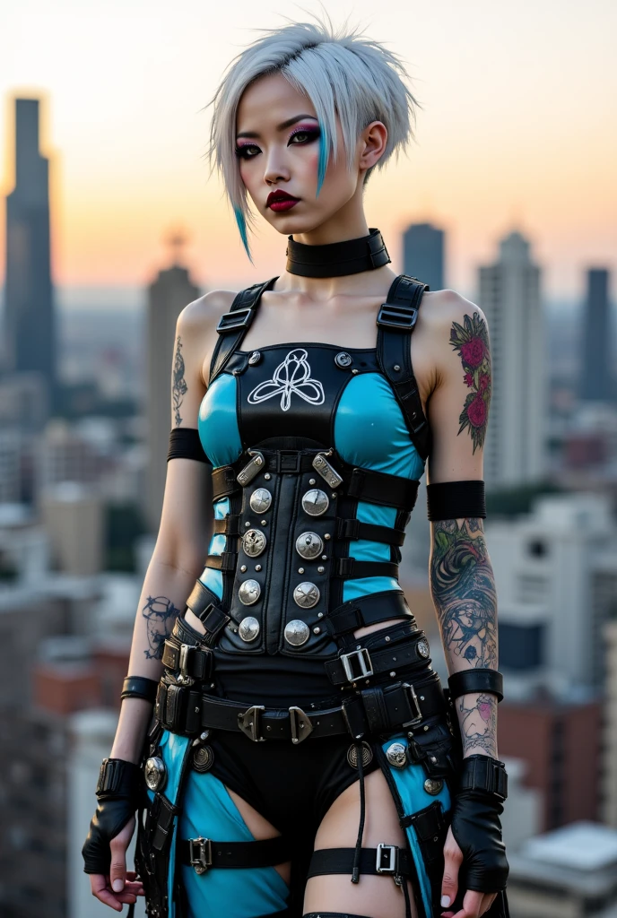1girl in futuristic subway station, cyan emo short hair, punk hair, heavy metal girl, very skinny, small waist, small breast, tattoes, rachel cook, corset, leather leggings