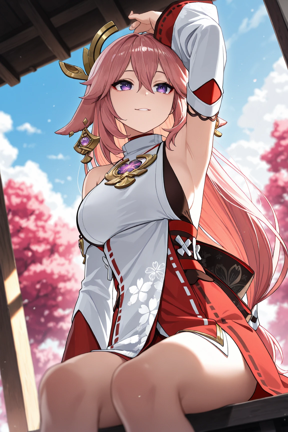 ((style-swirlmagic):0.05) 1girl, (ulzzang-6500:0.725), kpop idol, Yae Miko \(genshin impact\), detached sleeves, bare shoulders, (sideboob:1.45), pink hair, long hair, japanese clothes, best quality, (photorealistic:1.2), (hair ornament:1.35), jewelry, purple eyes, earrings,, large breasts, torii, cherry blossoms, lantern light, depth of field, detailed face, face focus, bodystocking, ribbon_trim, white skirt, white dress, (looking at viewer:1.25), nontraditional miko, shiny skin, long sleeves, smile, thick lips, game cg, thighhighs, (bare breasts:1.25), hands on lips, east asian architecture, blurry background, full body,, masterpiece, best quality,