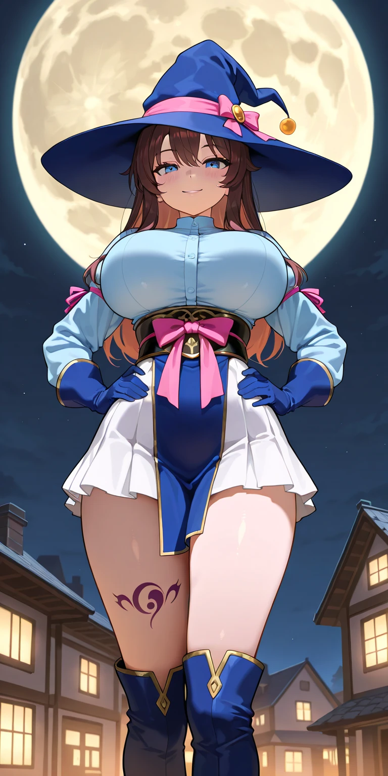 1 girl,masutepiece, Best Quality, hight resolution, Long gloves, Bare shoulders, Dress, off shoulders,fullmoon、((Stockings))、long boots、Photo from below、((a miniskirt))、pantiy、tits out