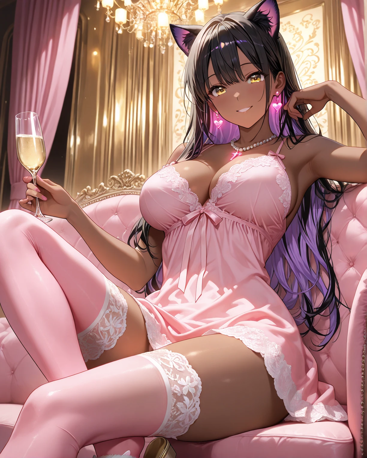 (high quelity), Female Lelouch Lamperouge, long hair, pink bunny suit, white stockings, pink high heels, tray on a hand, sexy smile, light blush, looking at viewer, big breasts, precise hands