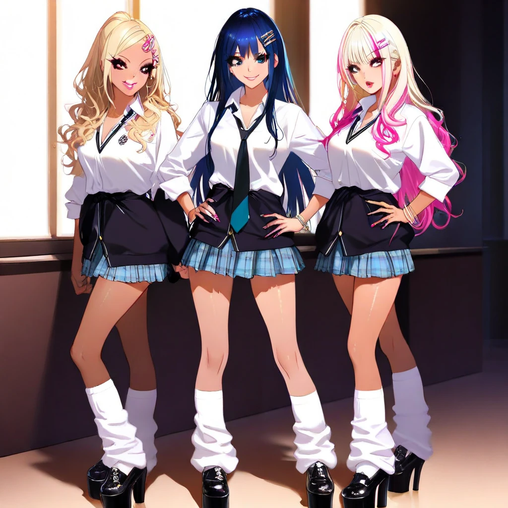 (masterpiece), best quality, highly detailed faces, (SHARP details), 4k, highly detailed, expressive eyes, SHARP detail expressive eyes, (SHARP detail perfect face), By mantis-x, gyaru, young girls, small breasts, playful smile, (black hair), sitting, ((dark skin)), slutty, sitting on a bench, long hair, daytime, (multiple girls), shirt, skirt, detailed pussy, upskirt,