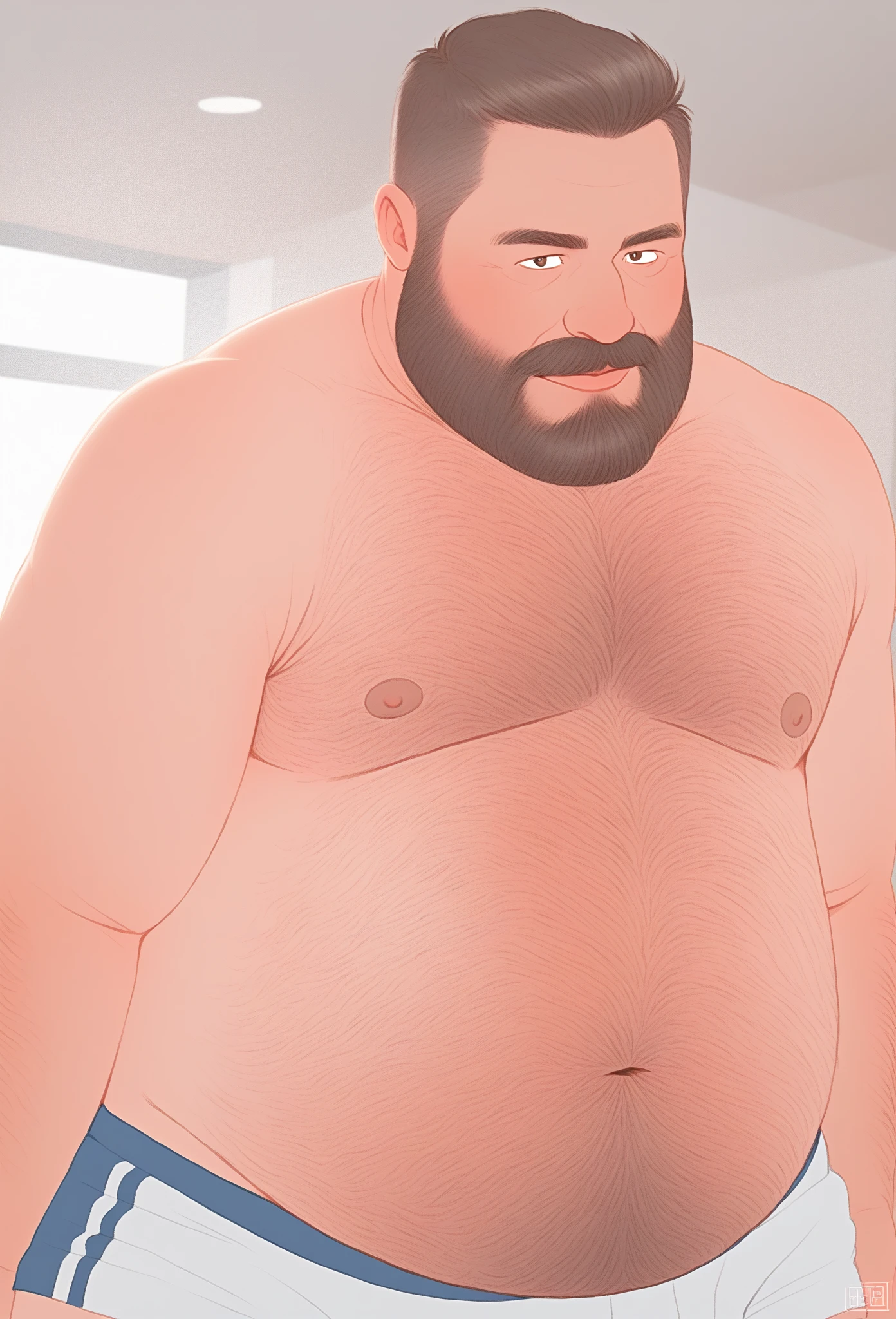 ((Masterpiece)), (best quality) (perfectly drawn belly), adulto , 1 chubby daddy with extremely thick thighs large belly fat wearing only white trunks, male, man, big belly, He is sitting with his legs open and resting one arm on the park bench., (vore), 65 years old, prey struggling inside his belly, bulging, femboy, big thighs