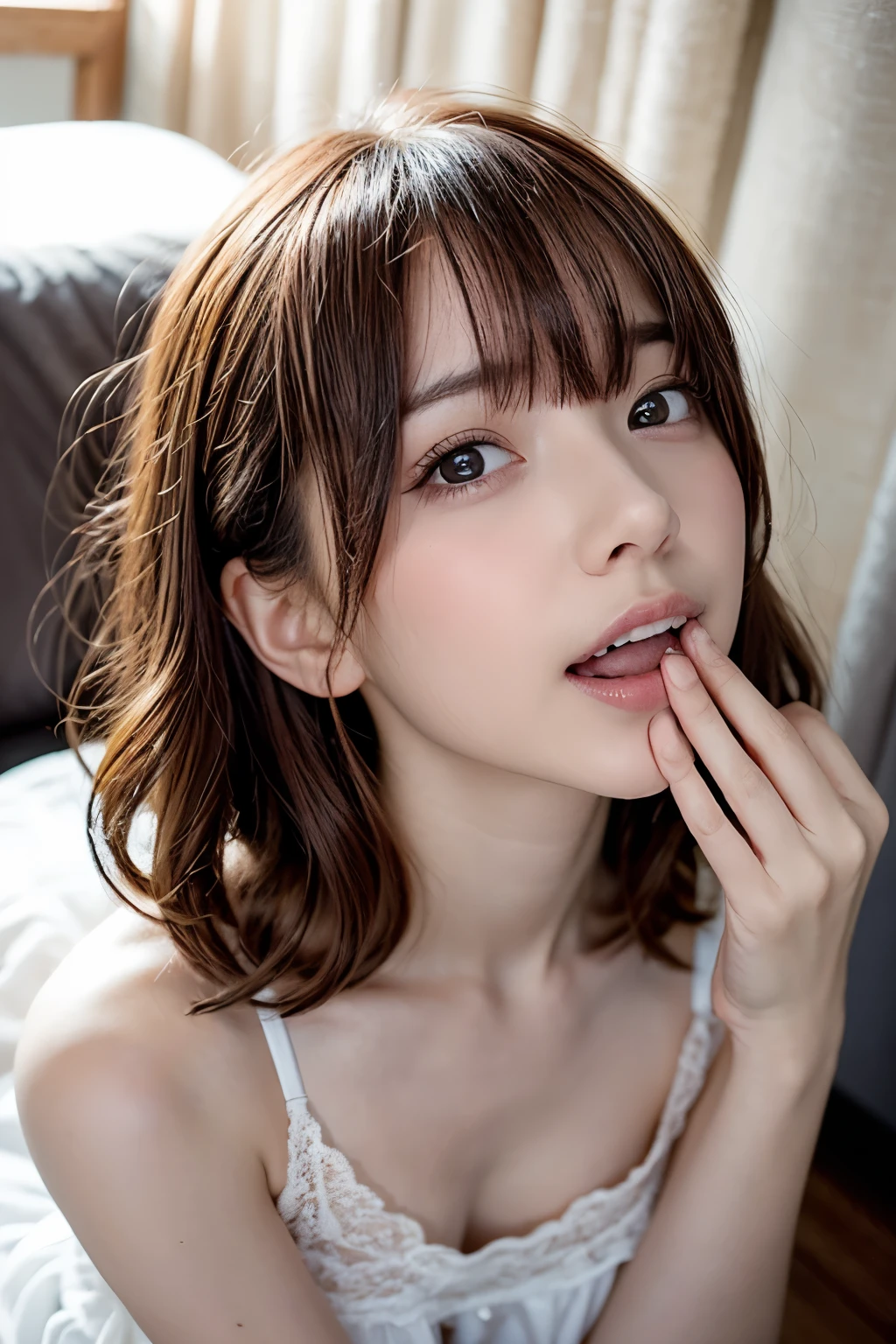 in a lavish bedrrom, a young-adult lady, lying down on the upscale wooden bed, gestures and poses as if holding something in her mouth while lying, with mouth wide open, shown her tongue, begging, painful expression, watery eyes, wearing see-through lingerie, shot from directly above, wavy short length hair, pale yellow and pale red hair, pompadour hairstyle, twisted bangs, hair is shaggy and dishevelled, slendar figure, skinny, small breasts, flat chest, beautiful sunburned skin, undressing, much exposed skin, no makeup, adult sexiness, alluring, {realistic}, {photogenic}, {cinematic lighting}, {vibrant colors}, {hyperdetailed}