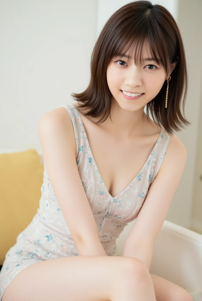 NSFW,(In 8K、highest quality、masterpiece、realistic、Super become familiar with、Photoreal), ((1 girls cute face:laughter:show teeth),,{{A girl, full body, naked, nude, bare}},{{(beautiful and delicate eyes:double eyes:1.5}}),{{short hair}}, {{Bowl cut}}, {{straight hair}},{{Short bangs above the eyebrows,}},(lighting from below), , soft front light, beautiful expression, cute face,: {{}}, short brown hair and big eyes, black hair and big eyes, Stunning facial portrait, cute realistic portrait, , Realistic young girls, realistic face,, {Realistic and beautiful big eyes}, surreal ,{Sitting on a wooden chair:1.5}},,{{Open your legs, you can see your panties:1.5}}