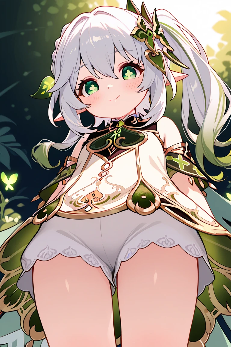 nude, loli, 8 years old, outside, open mouth, happy, smiling, sunny, happy, bright sunlight, grass, pointy ears, hair ornament, white hair, green hairstreak, from below, side ponytail, masterpiece, best quality