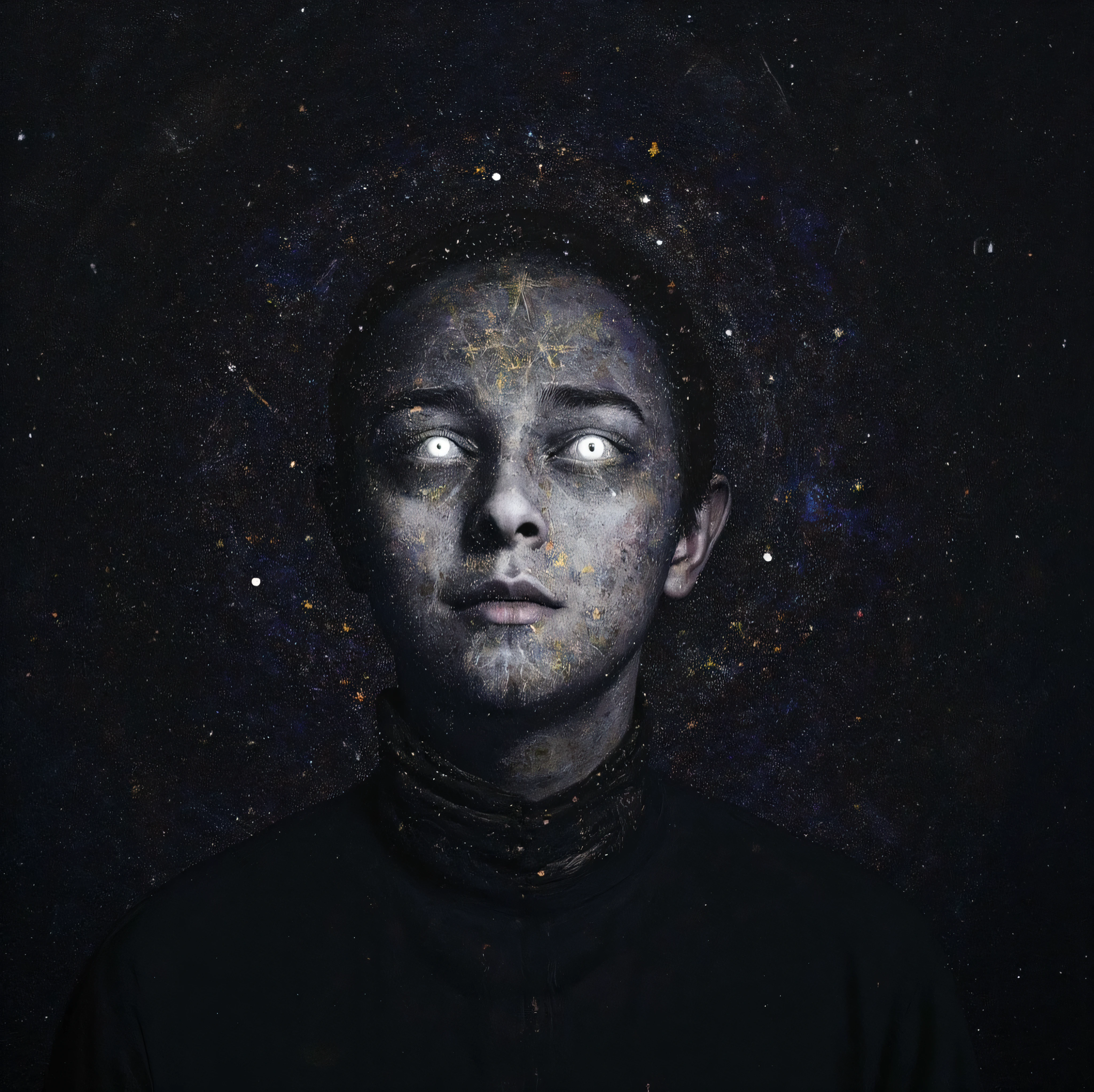 A human face fading among stars, with cosmic symbols, on a mysterious, mythical and dark galactic background. Surreal science fiction painting, fascinating and beautifully ominous, epic journeys into unknown