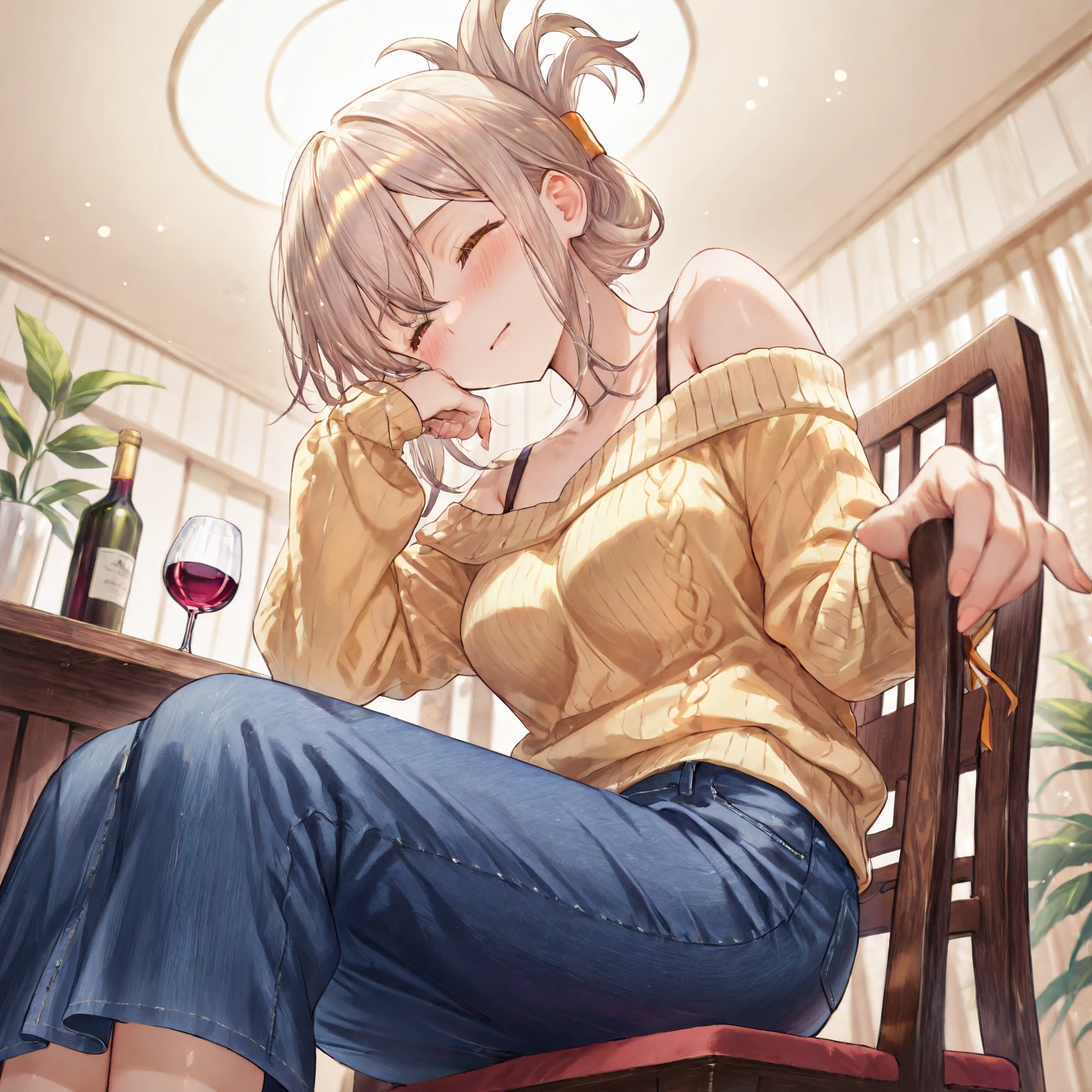 (((Masterpiece))),(((Super Detail))),(((in 8K))),(((best composition))),(((Rim lighting,Fireglow effect,deep shadow))),solo),Beautiful fingers,Detailed finger features,(Detailed hair features:1.7),(Dynamic and sexy bending pose:1.3),detailed facial features,detailed clothes features, (perky chest:1.1), (pointed chest:1.3), delicate beautiful face, Bright blue eyes, cute eyes, sparkling eyes, Big eyes, beautiful detailed eyes,double bun with glittering hair ornament:0.6,(super detailed glossy skin:1.3),slender body,goddess smile,((with sparkling eyes and a contagious smile)),beautiful posture,have a cup of coffee,black hair, red eyes, dress, bare shoulders, jewelry, collarbone, sidelocks, hairband, earrings, indoors, off shoulder, sweater, arms behind back, plant, short hair with long locks, white hairband, off-shoulder dress, sweater dress, off-shoulder sweater, red sweater, big side hair, very long side hair,(super delicate floral pattern:1.2),seductive cleavage:1.3,beautiful glossy legs,shiny red high heels,lifting dishes with cakesd,french restaurant,hustle and bustle,rising steam,(((depth of fields)))