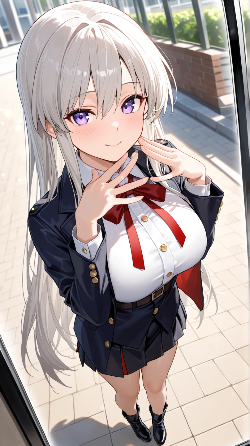 (8K, Best Quality, Masterpiece:1.3)), Ultra High Resolution, (1 Girl, 1 Person), (Color Changing Eyes, Super Detailed, Expressive Sparkle, Sparkling, Glowing Eyes), Highly Detailed Eyes, Highly Detailed Face, Random Hair, (Silver Grey Color), "Woman Wearing an Open-necked Blazer". The background is a café terrace, a relaxing space with outdoor tables and chairs. The sunlight pours in from the café terrace, and the hustle and bustle of people passing by can be heard. The woman is captured from an angle above, with her silver hair flowing softly over her shoulders.

She is wearing a navy blazer with a wide open neckline. The V-shaped cut of the blazer accentuates her chest, and a simple white bra can be seen underneath. The lace details of the bra are slightly visible, and the fabric of the blazer fits gently to her body. The skirt of the uniform is light, and the front of the blazer appears to be slightly open.

She is smiling with a relaxed look, slightly blushing, and her figure blends in with the bright atmosphere of the cafe terrace, and the light in the background adds a soft glow to the whole look.