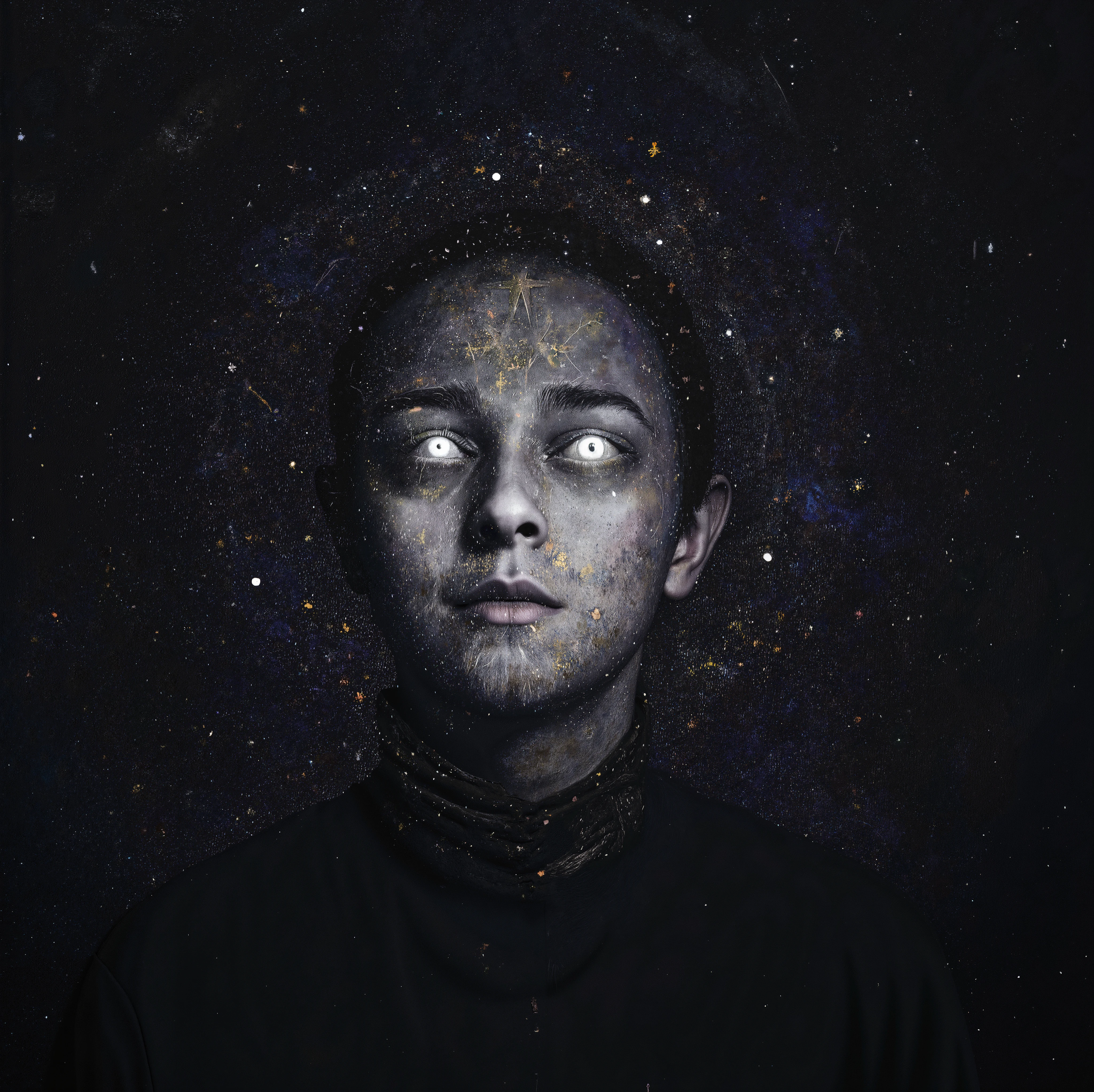 A human face fading among stars, with cosmic symbols, on a mysterious, mythical and dark galactic background. Surreal science fiction painting, fascinating and beautifully ominous, epic journeys into unknown
