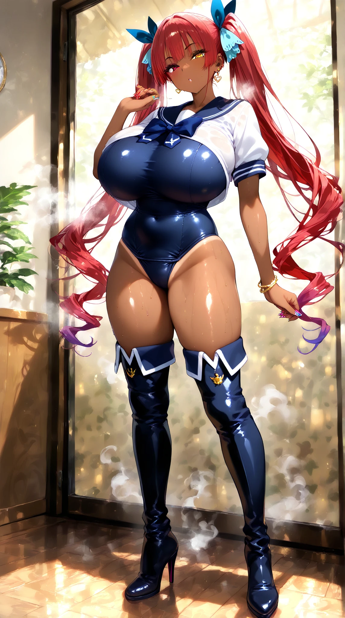 eida, long hair, bangs, blue eyes, very long hair, blue hair, pink hair, multicolored hair, earrings, blunt bangs, two-tone hair, streaked hair, beautiful, beautiful woman, perfect body, perfect breasts, wearing a kimono, showing shoulders, wearing earrings, wearing a watch, being in the garden, cherry trees, traditional Japanese house, looking at the viewer, a slight smile, realism, masterpiece, textured leather, super detailed, high detail, high quality, best quality, 1080p, 16k, showing shoulder, (((perfectly erected medium breast))), (((having sex in doggystyle position))) (((perfect vagina penetration)))(((from behind above)))