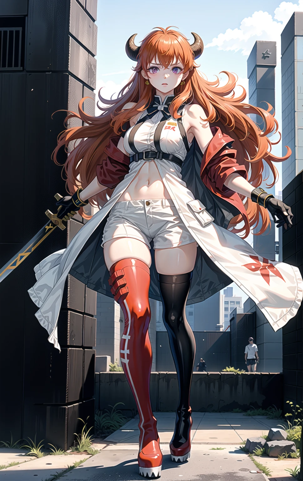 1girll, 独奏, red track suit, Colorful sneakers, tightsuit, Black sweatpants, tmasterpiece, Best quality at best, realisticlying, ultra - detailed, (shiny skins, perspired:1.4), absurderes, looking at viewert, Exposed flesh,Exposed flesh,Long red hair, red color eyes,slenderness,Dynamic light and shadow,A high resolution,Sharp focus,depth of fields,The eyes are delicate,Sharp pupils,pupil realistic,(smallunderboob:1.6),(Thigh thick:1.0),exteriors,Skysky,Sunglasses on the head,Full-figured,(Delicate portrayal of facial features)