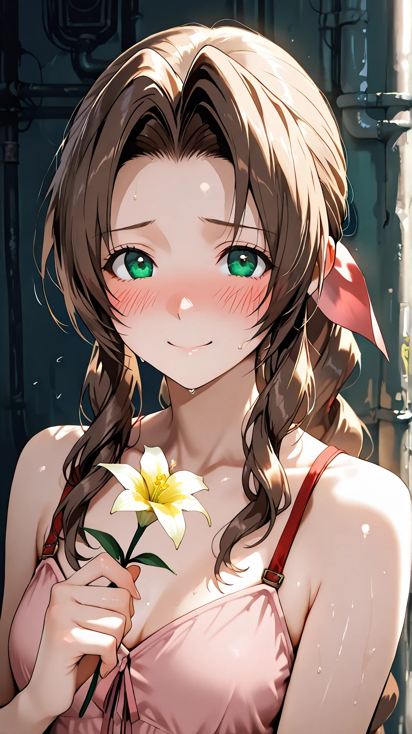 A girl，plum，good, short detailed hair, (green eyes:1.2), by white, Bun, dark skin women,Off the shoulder clothing，smile，Look at the camera，