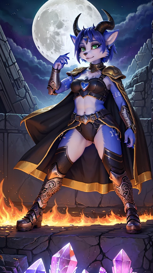Monara from World of Warcraft, short purple hair, horns, blue glowing eyes, World of Warcraft League of legends splash art, 