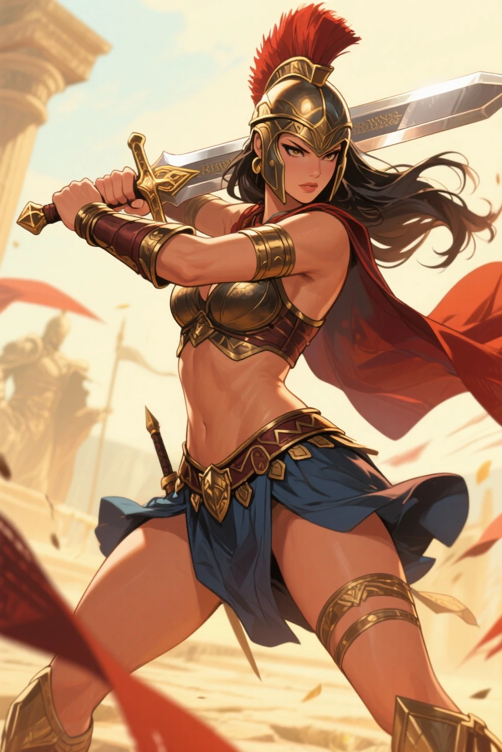 a masterpiece of，Super-High Resolution，A woman with a long sword in her hand, Swing your sword vigorously on the rock，A female warrior fighting with a sword，Ancient Greek idols style，deusa Atena，Goddess of battle，Goddess of beauty，body art，The wind blows the clothes and floats，The background is sky and clouds, Thomas Blackhill,Greek goddess Athena, j c leyendecker 8 k,portrait of celtic goddess diana, venus godness athena, --auto