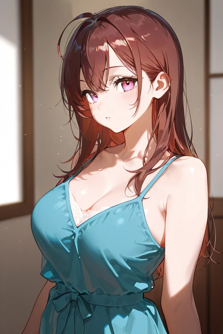 (beautiful detailed eyes:1.5, beautiful detailed face:1.2, beautiful detailed hair), Murrue Ramius, 1 woman, mature, milf, red eyes, blush, (nsfw, sexy, Curvy), (brown hair, long hair, bangs), (sagging huge breasts), (negligee:1.5), (upper body:1.5), standing, (Perfect detailed Anatomy, beautiful detailed hair, perfect female body:1.2, shiny skin), (thick outline, Beautiful outlines, black outlines), simple background:1.5