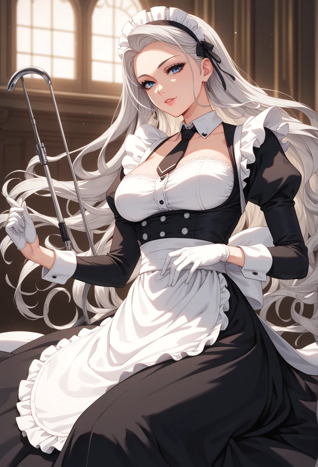 female, standing, right, long_hair, disordered_hair, white_hair, maid in armor, metallic high heels, drow elf, grey skin, sex slave, black leather choker collar, bracers